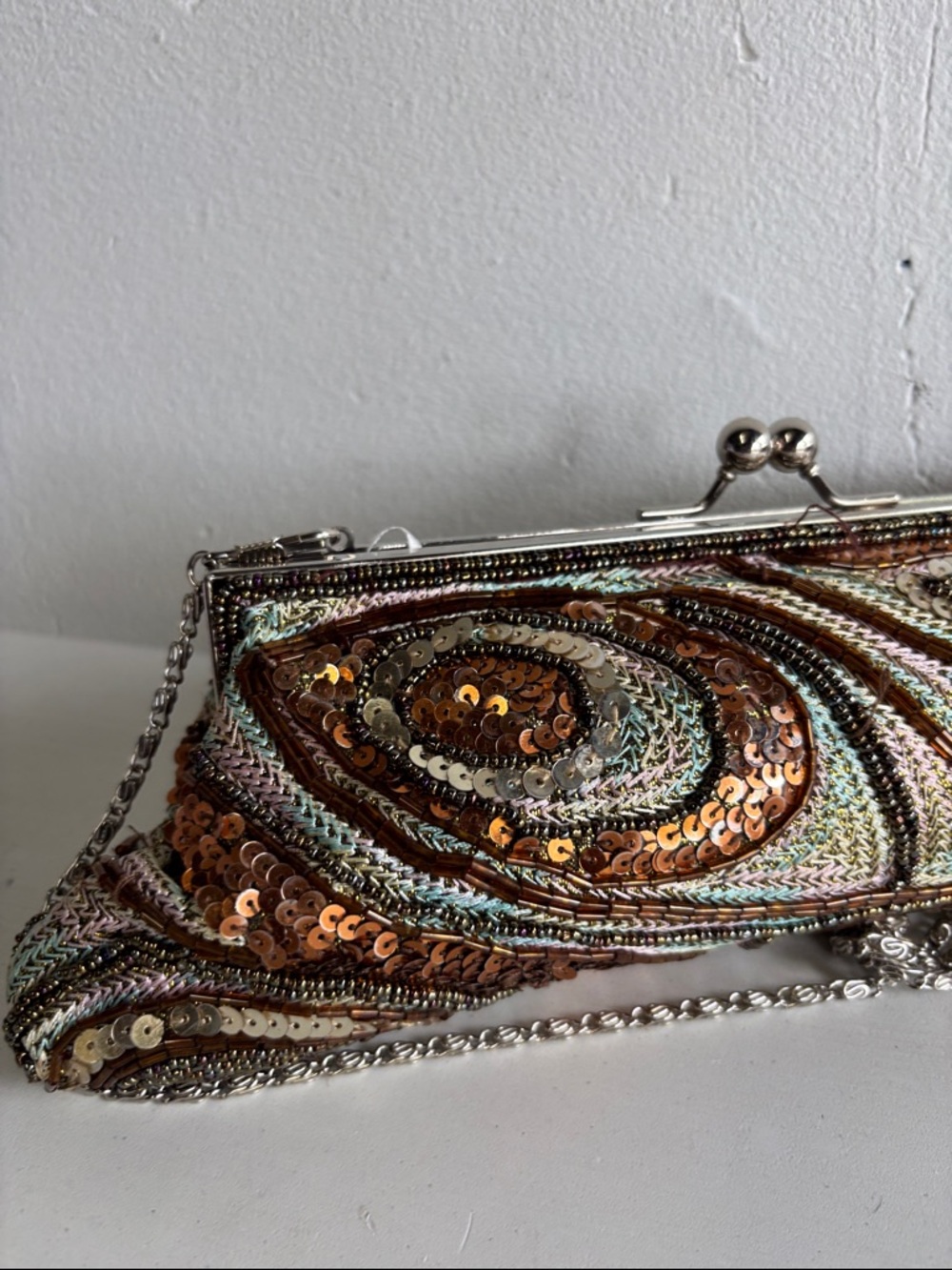 Vintage Copper and Multicolor Beaded Clutch with Silver Chain